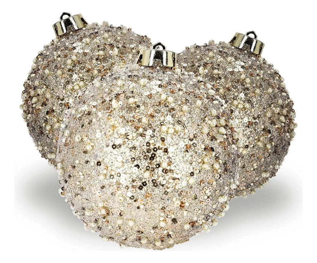 Set Esferas Navideñas lluvia Champagne Con Perlas 6 Piezas