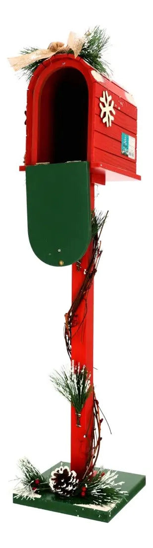 Buzón Navideño De Madera Rojo Con Pino Nevado 77 Cm