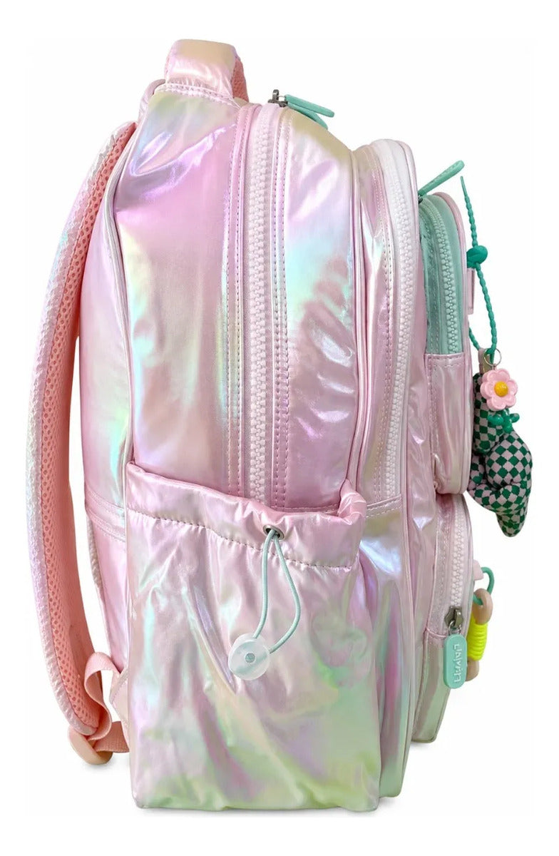 Mochila Escolar Lluvia Rosa Tornasol Con Llavero Incluido