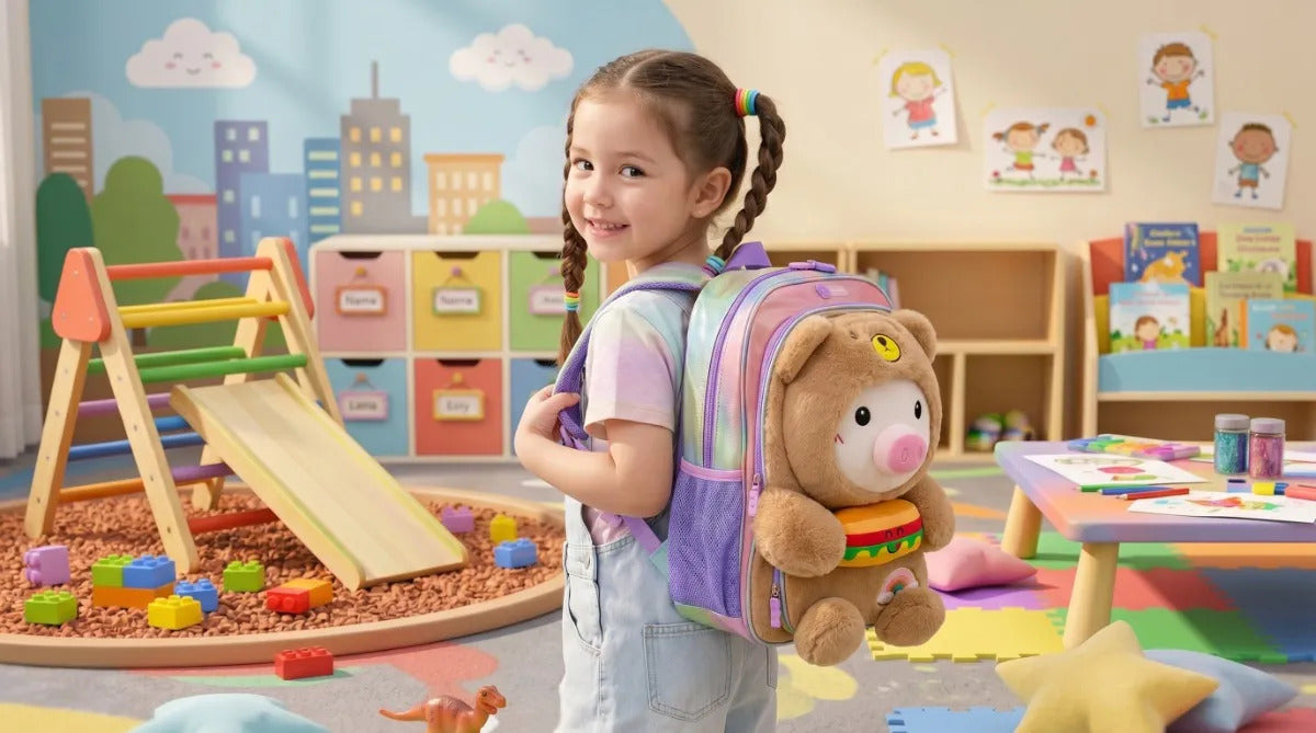 Mochila Escolar Kinder Lluvia Osito Marrón Peluche Tornasol