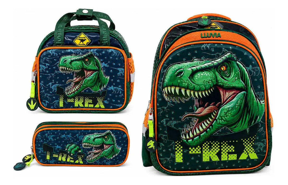Set De Mochila Primaria Lluvia T Rex Tres Piezas Dinosaurio