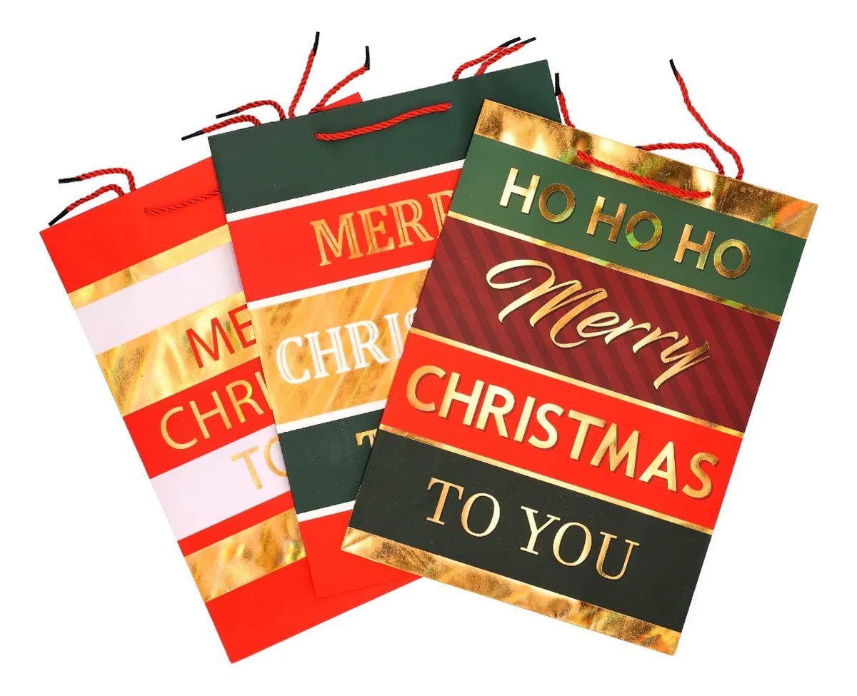 Bolsas de Regalo Navideñas Lluvia Rayas Navidad 12 Pzas 42cm