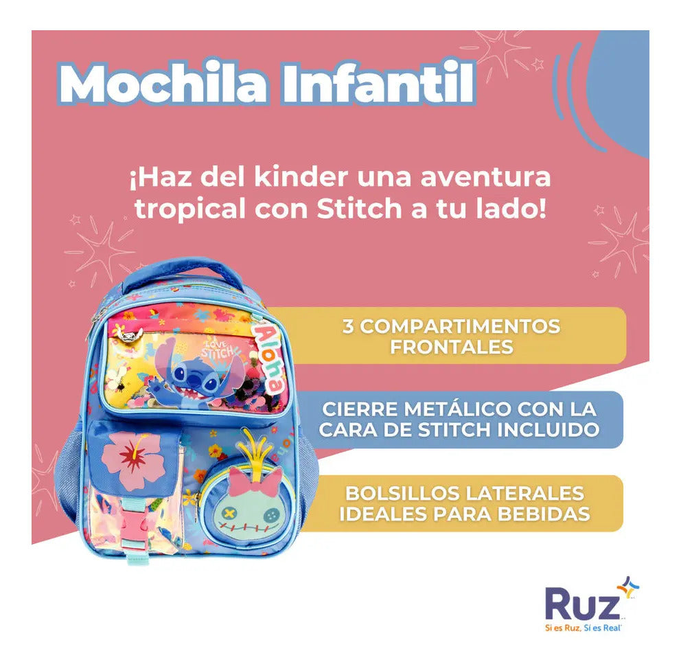 Mochila Kinder Ruz Disney Stitch Rosa Azul Aqua Estampado
