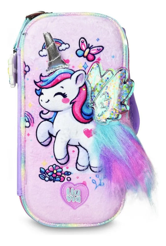 Set Escolar Lluvia Lila Unicornio Arcoiris 3D y Monedero