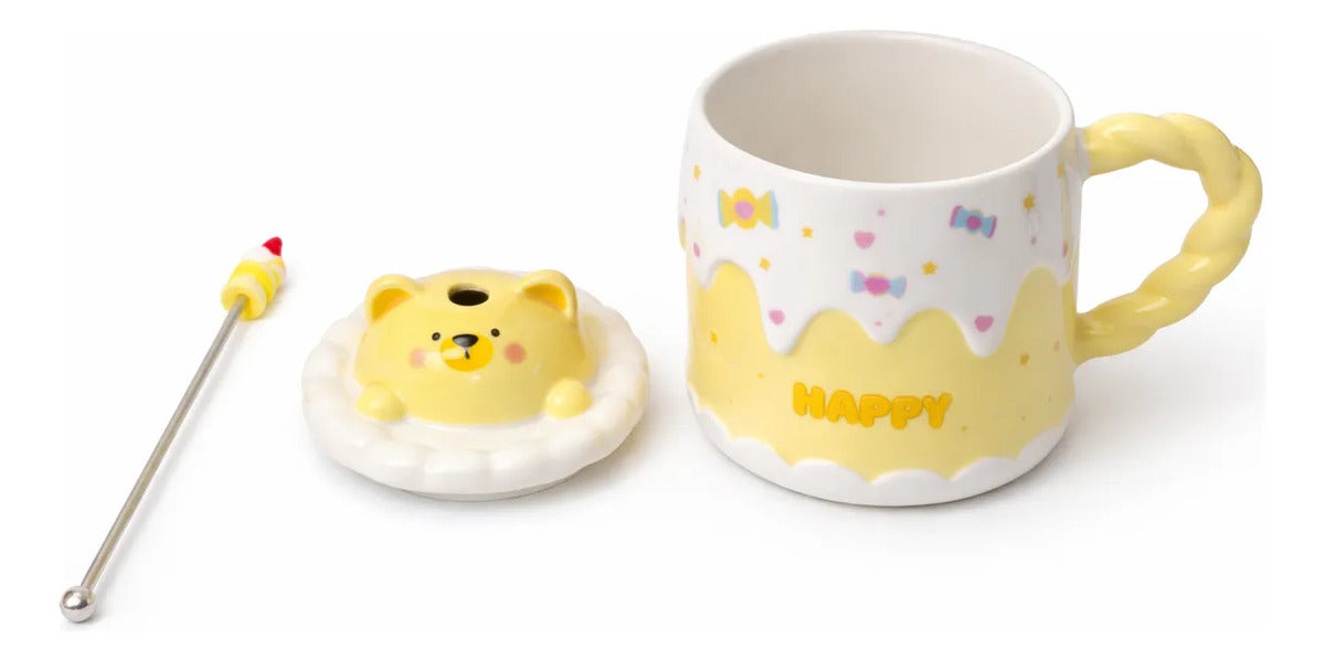 Taza Kitten Y Bunny De Cerámica Con Tapa Y Aguitador 400 Ml