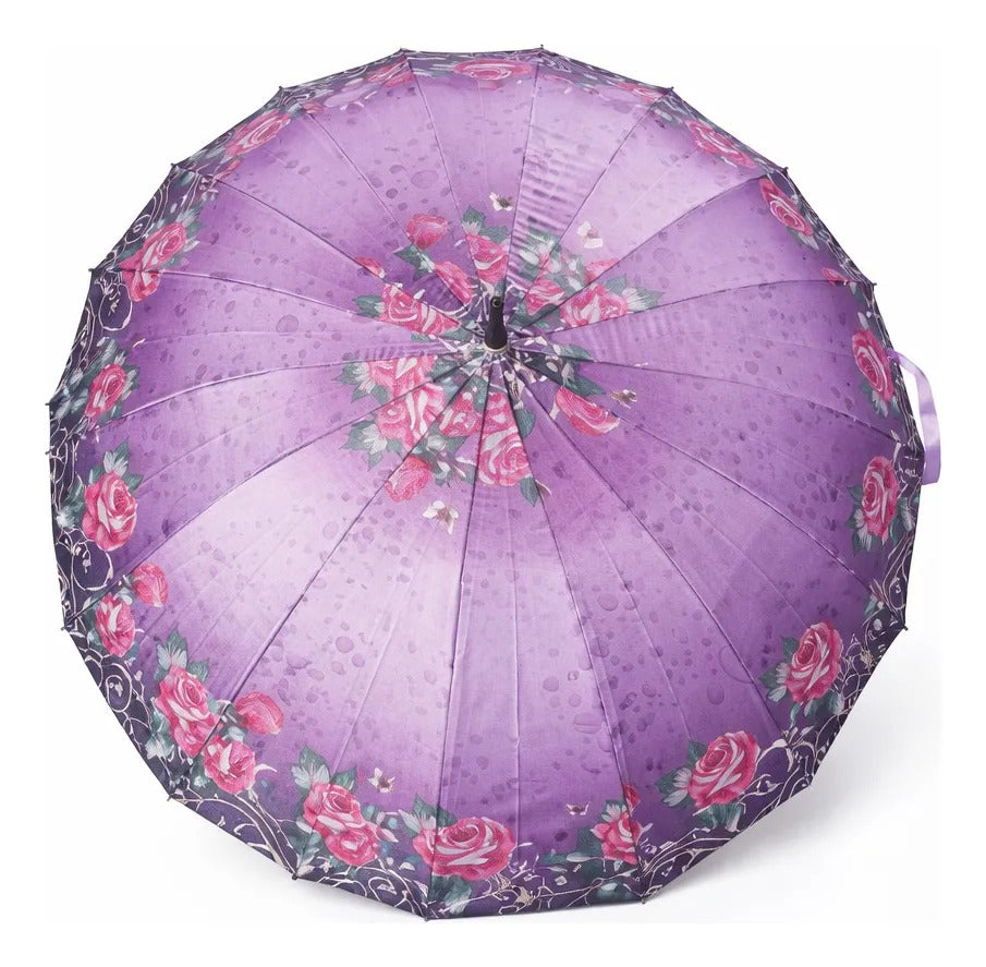 Paraguas Tipo Bastón Estampado Floral Resistente 16 Varillas