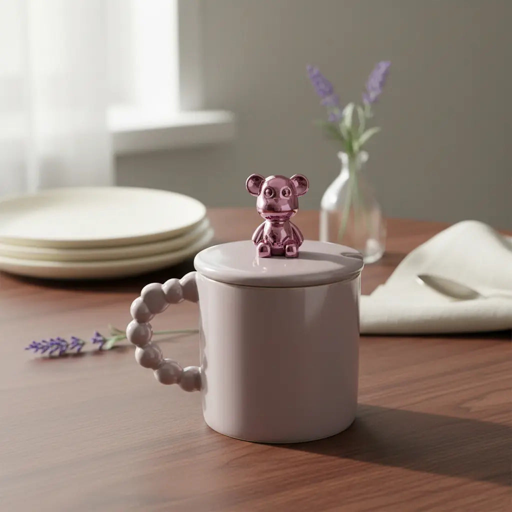 Taza Porcelana Con Oso Metalico Y Tapa 420 Ml