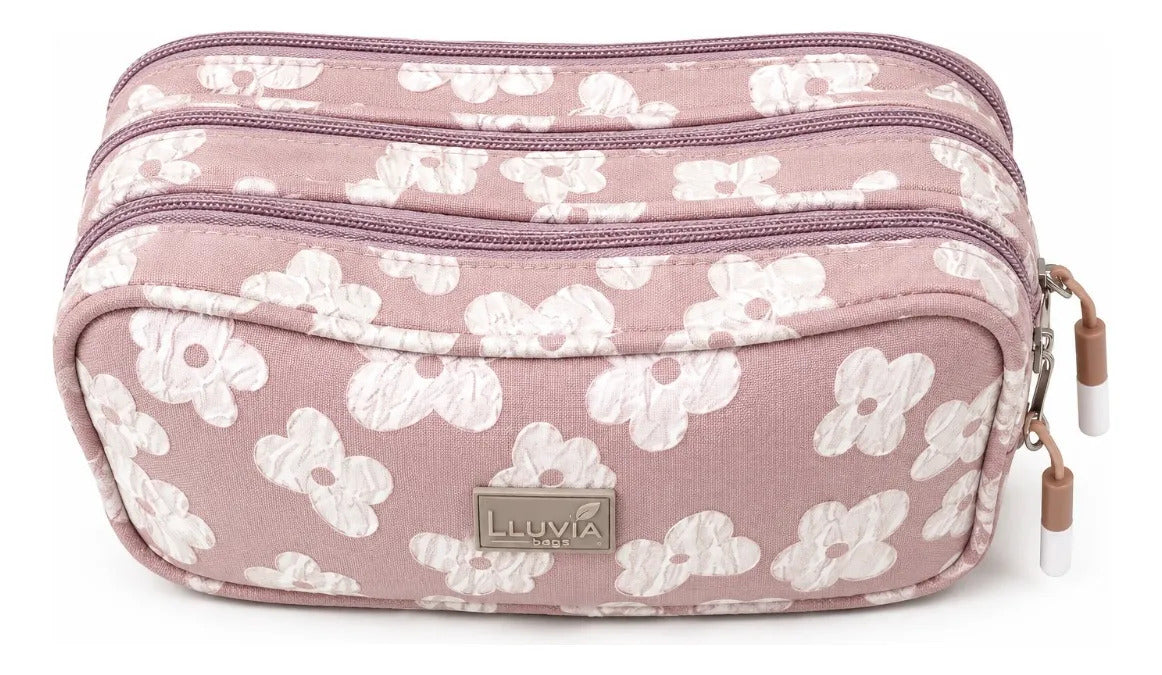 Lapicera Lluvia Rosa Vintage Floral En Relieve Triple Cierre