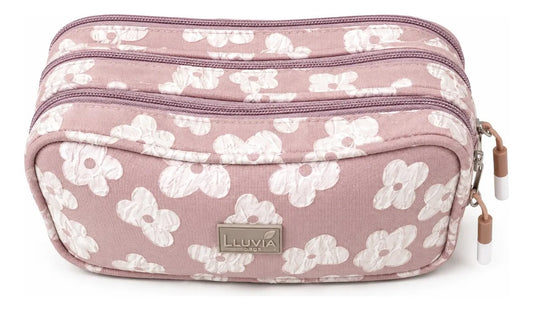 Lapicera Lluvia Rosa Vintage Floral En Relieve Triple Cierre