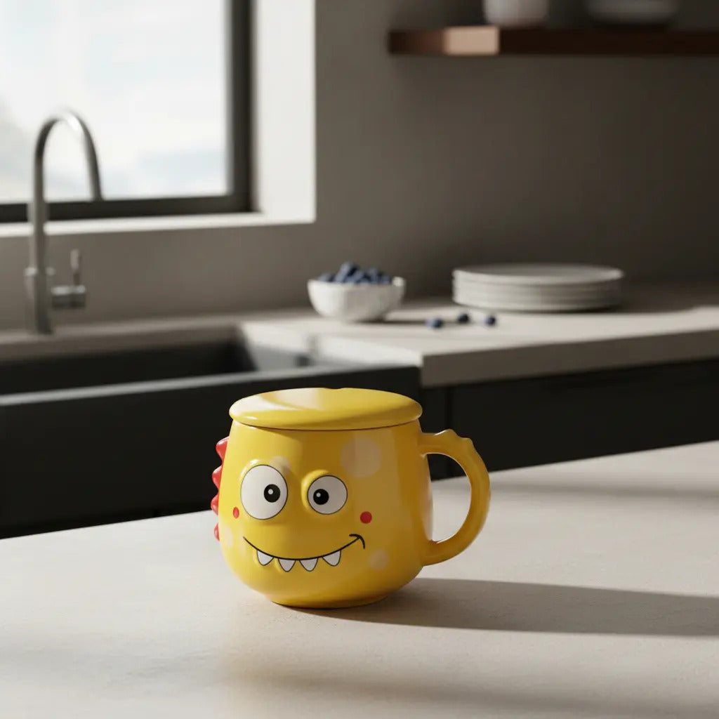 Taza Colorida Kawaii Monstruos Con Tapa Incluida 400 Ml