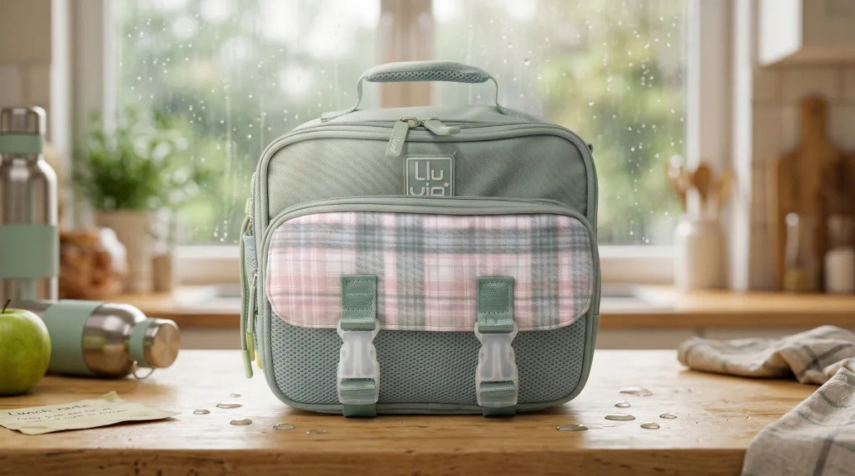 Lonchera Lluvia Verde Pastel Con Diseño Escocés Y Correa