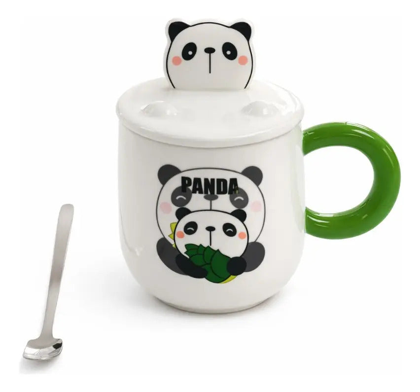 Taza Panda Kawaii Con Tapa Y Agitador Metálico 380ml