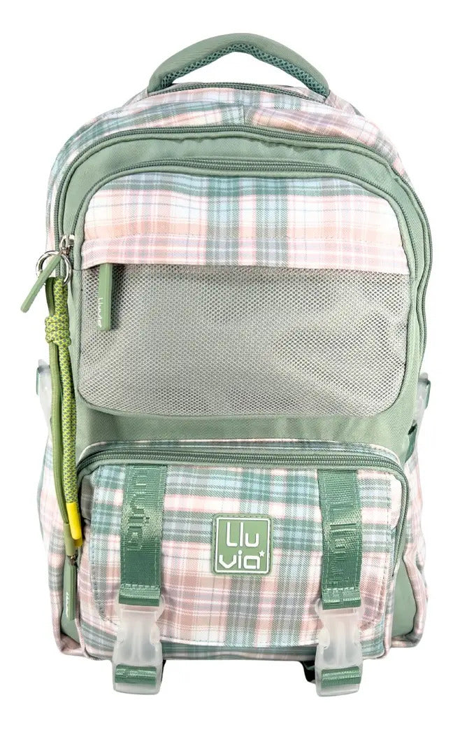 Mochila Juvenil Marca Lluvia Cuadros Verde Rosa