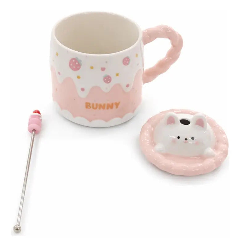 Taza Kitten Y Bunny De Cerámica Con Tapa Y Aguitador 400 Ml