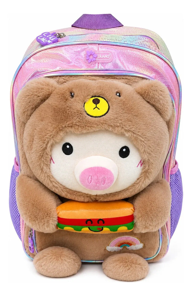 Mochila Escolar Lluvia Lila Puerquito Disfrazado De Osito
