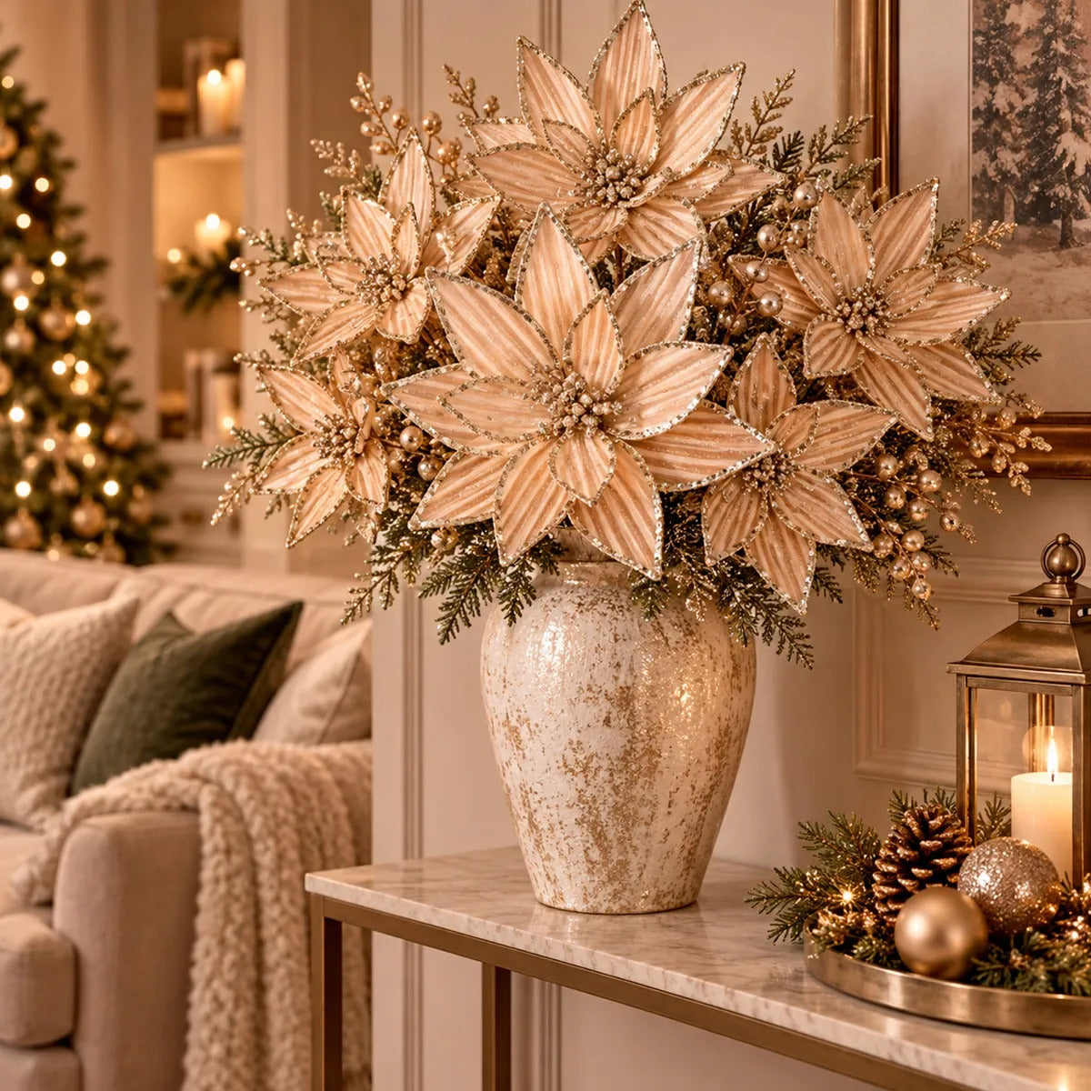 Nochebuena Lluvia Elegante Terciopelo Champagne 28cm
