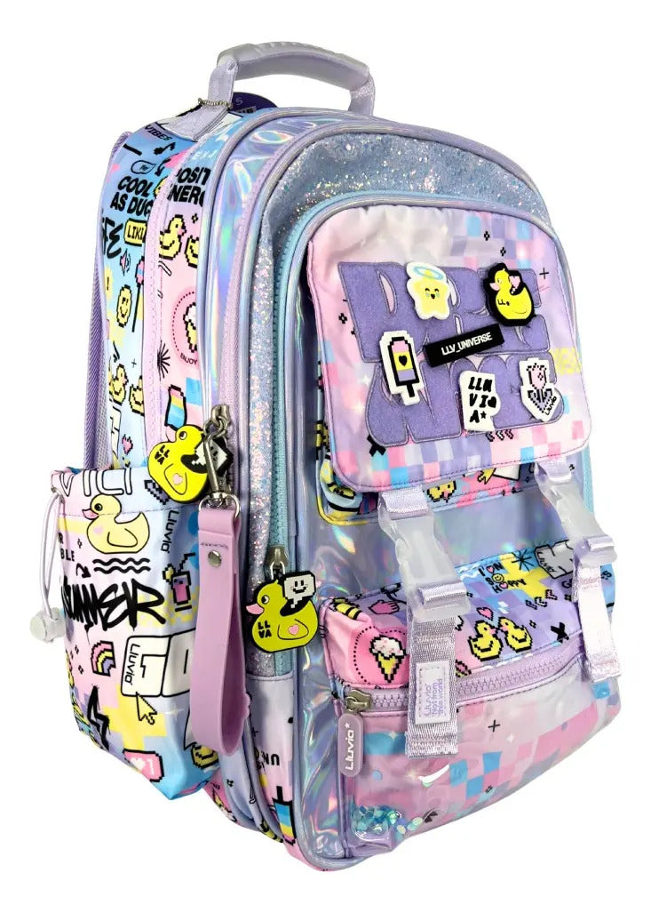 Mochila Escolar Lluvia Lavanda Primaria Con Pines Decorativos Patitos Geométrico