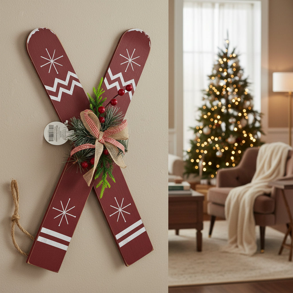 Figura De Esquís Navideños De Madera Y Ramas 52x1x29