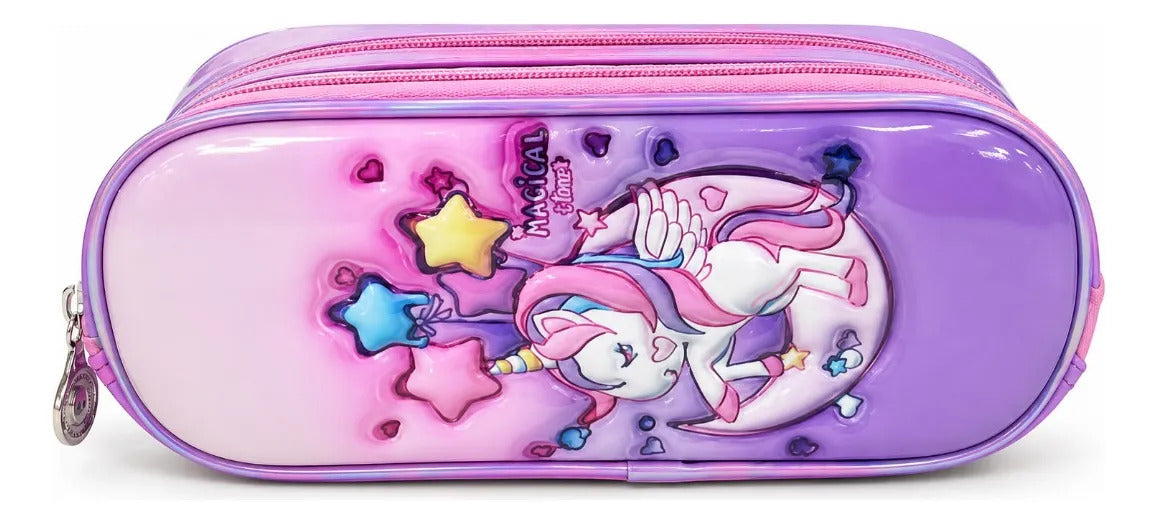 Set Escolar Unicornio Mágico Rosa Lila Mochila Tres Piezas