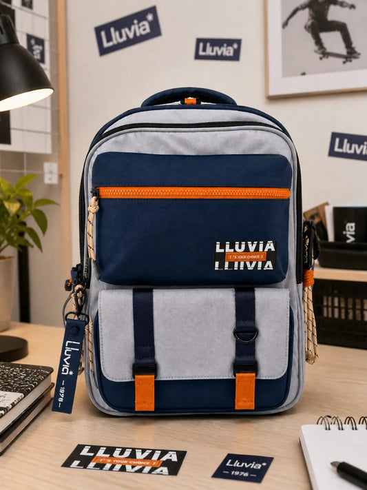 Mochila Juvenil Lluvia Azul Gris Con Detalles Naranja