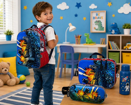 Set Tres Piezas American Bags Godzilla Mochila Escolar Azul
