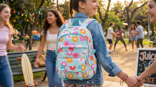 Mochila Juvenil Lluvia Floral Azul Con Compartimento Laptop