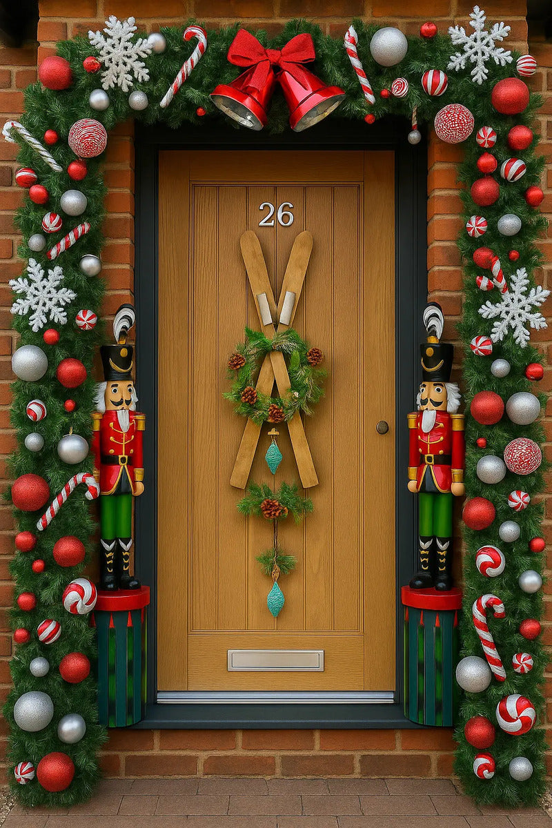 Figura De Esquís Navideños De Madera Con Piñas 74x1x9
