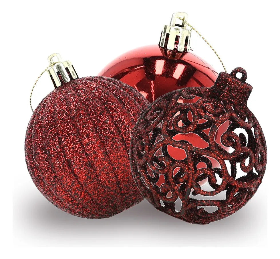 Set 6 Esferas Navideñas Rojo Vino Caladas 6 cm