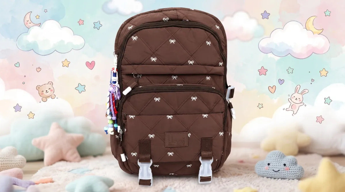 Mochila Escolar Lluvia Café Chocolate Con Moños Puff
