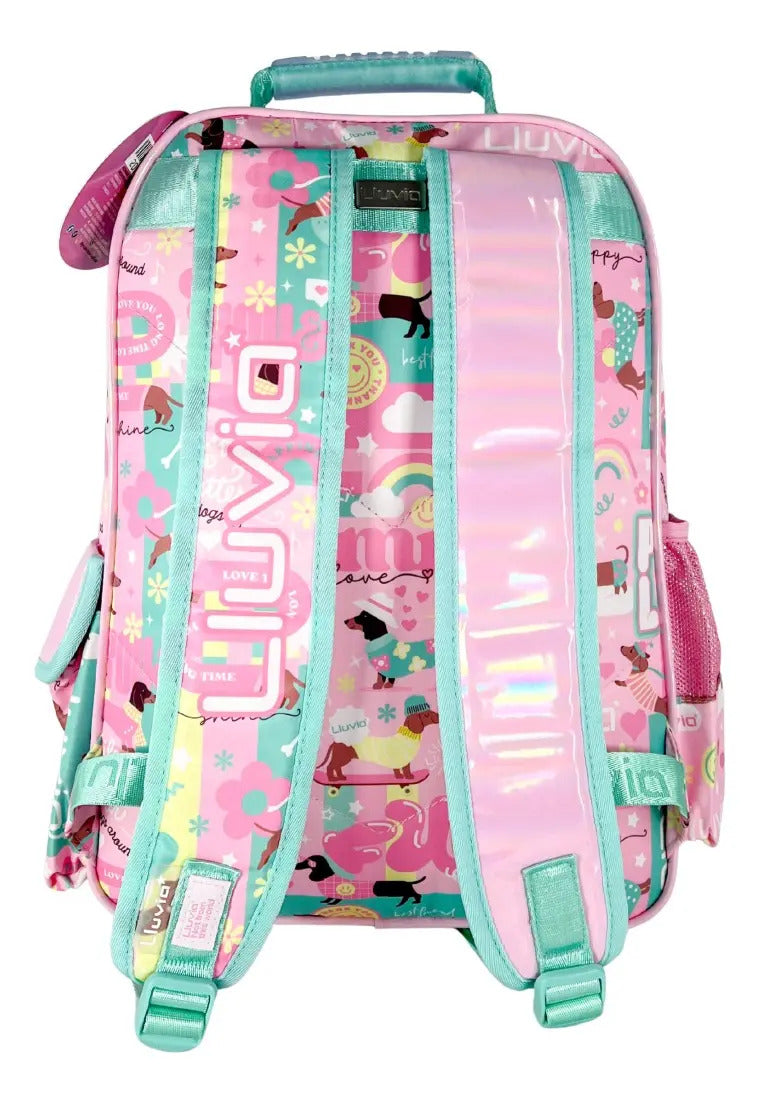 Mochila Escolar Lluvia Rosa Tornasol Con Compartimento Y Bolsillo Botella Liso