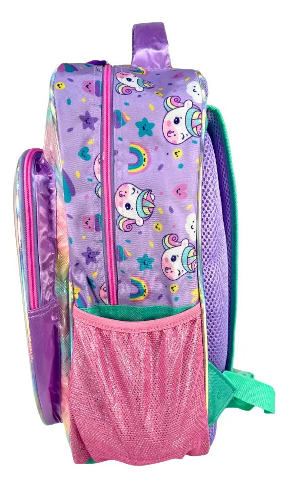 Mochila Primaria Set 3 Piezas Marca Lluvia Unicornio Burbuja