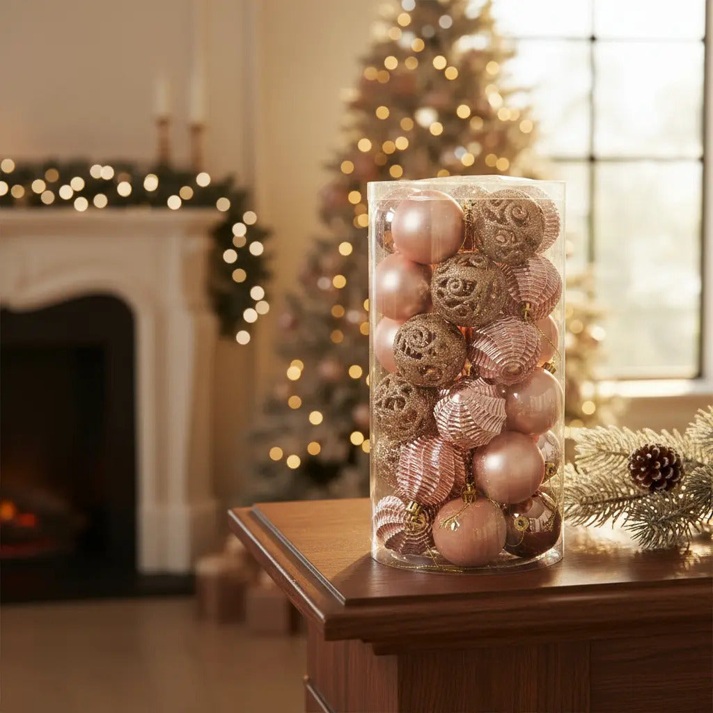 Esferas Metálicas Rosa Y Glitter 6 Cm Para Árbol Navidad