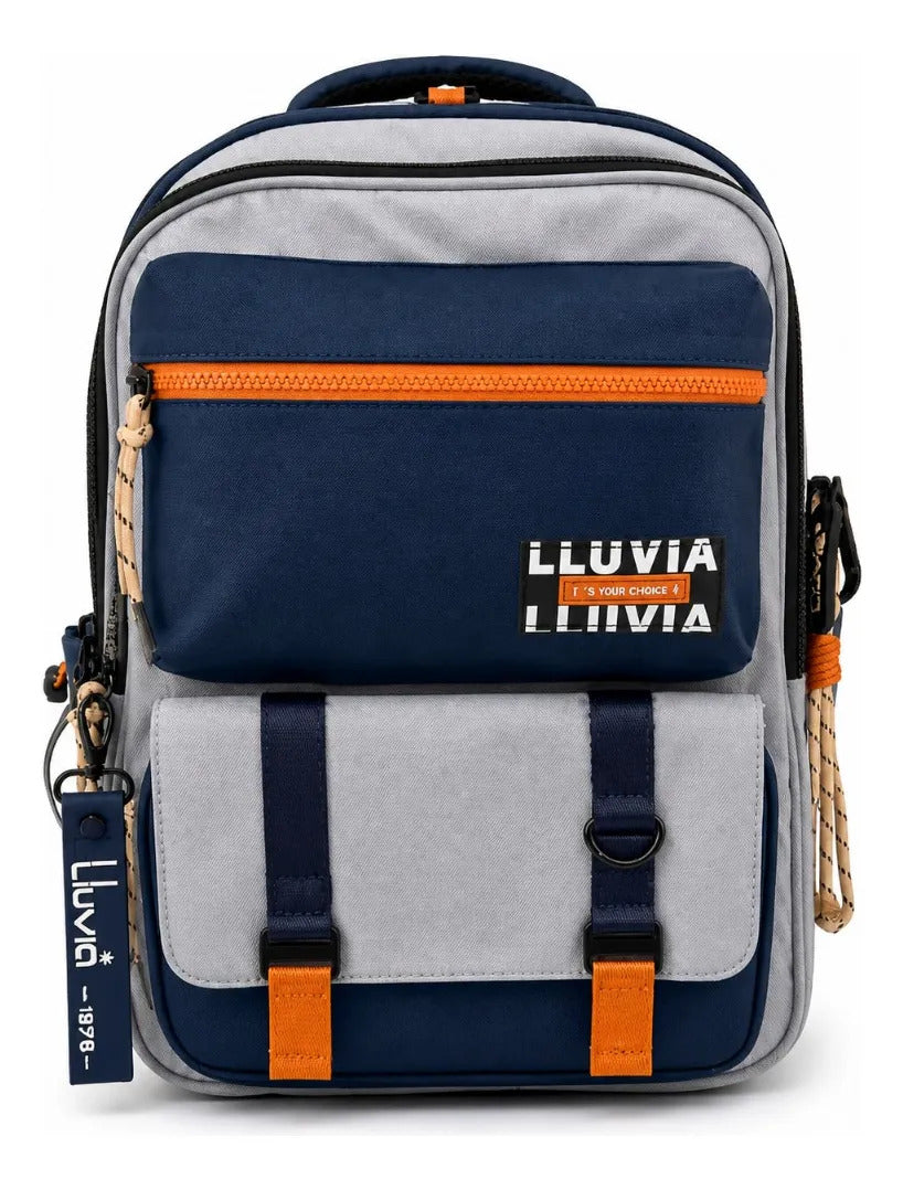Set Mochila Juvenil Lluvia Azul Marino Y Naranja Tres Piezas