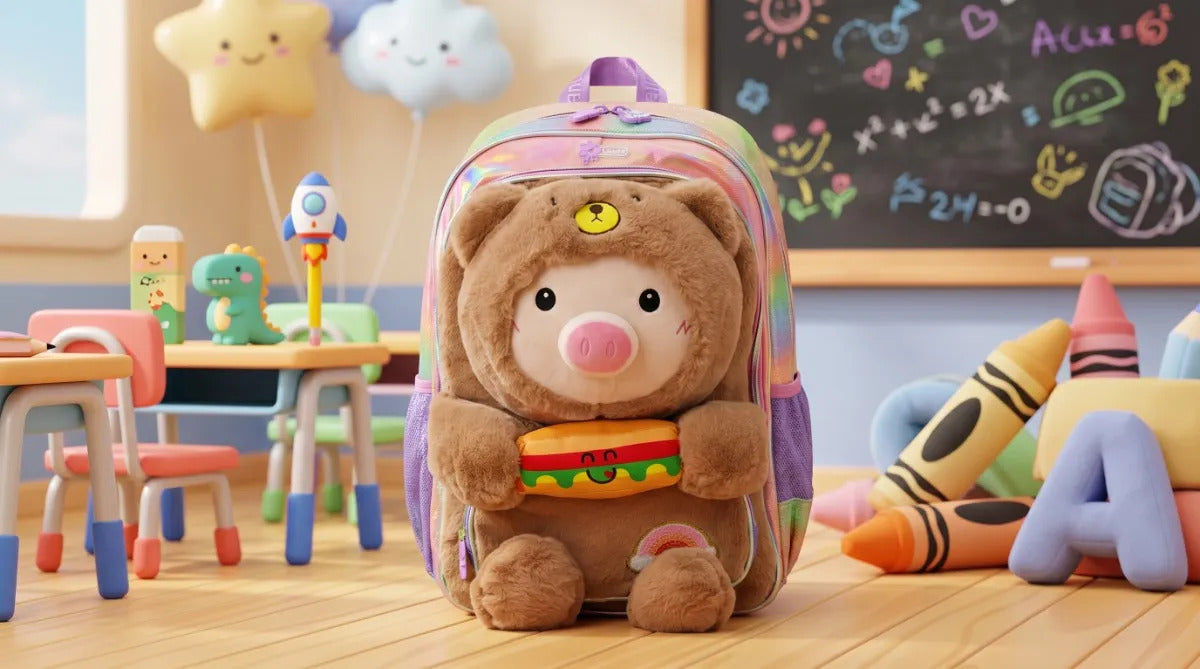 Mochila Escolar Lluvia Lila Puerquito Disfrazado De Osito