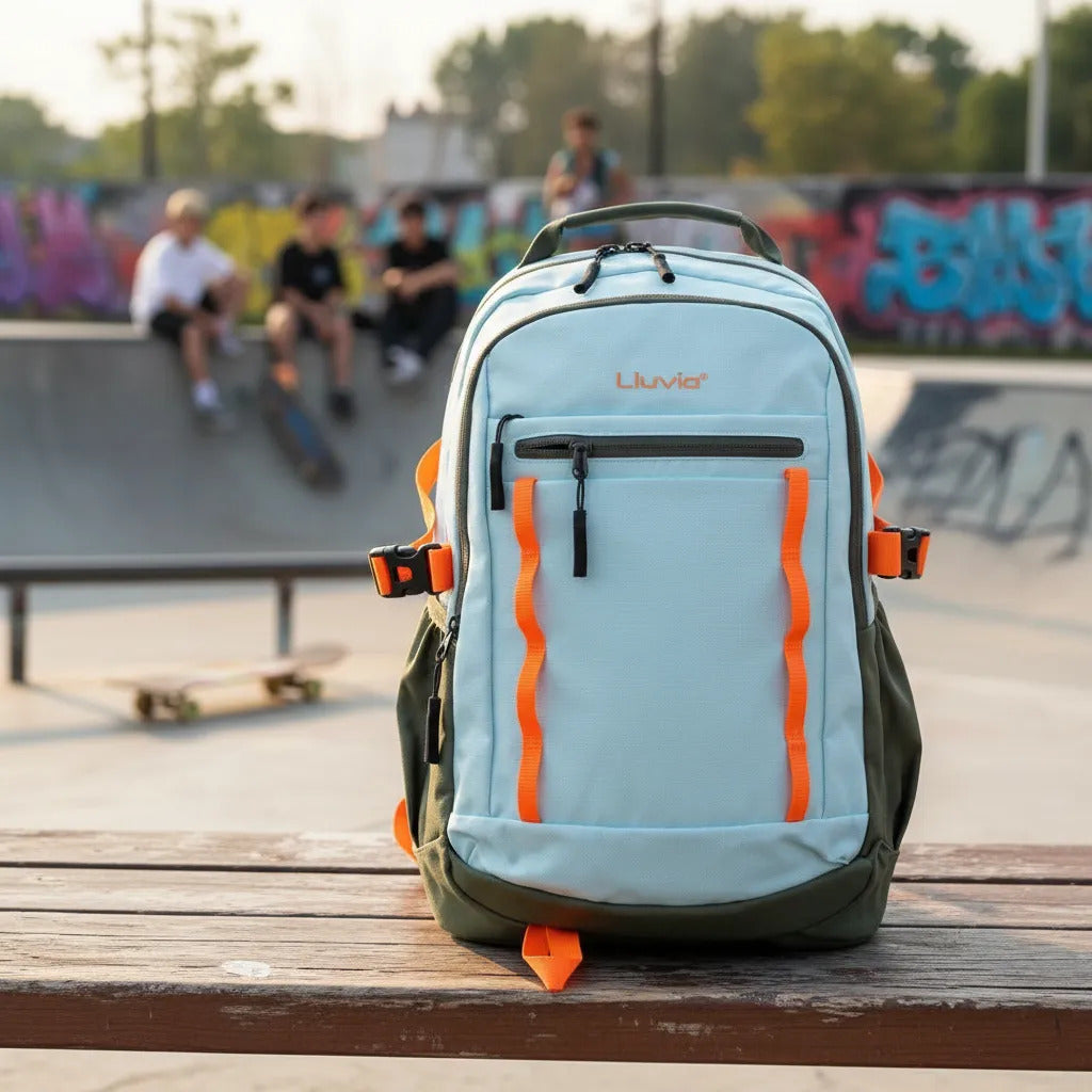 Mochila Juvenil Lluvia Menta Con Detalles Naranja Neon