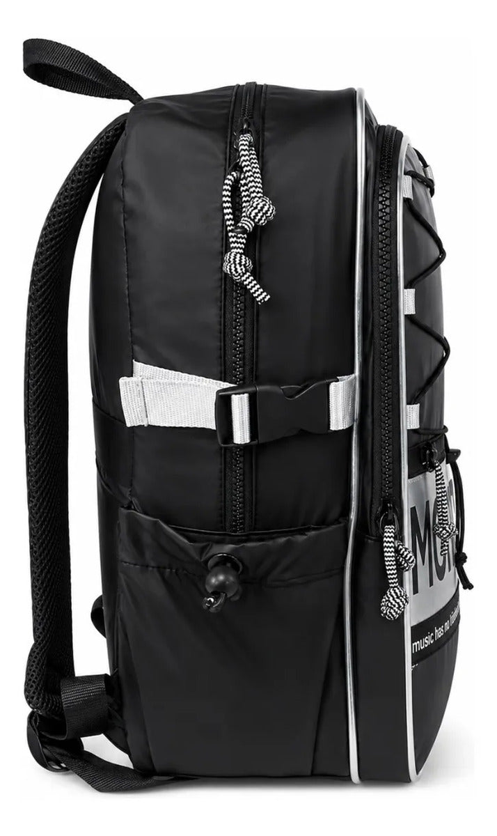 Mochila Juvenil Lluvia Negra Con Plata Frontal Ajustable