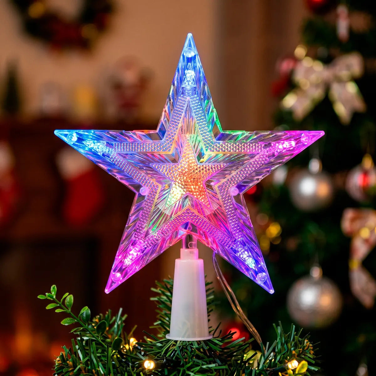 Punta De Árbol JL Estrella Cristalina Con Luz Bicolor 15 Cm