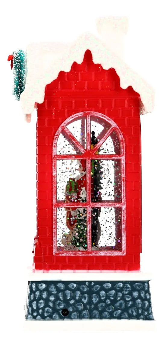 Lámpara Navideña Casita Roja Efecto Nieve Santa Claus 19 cm