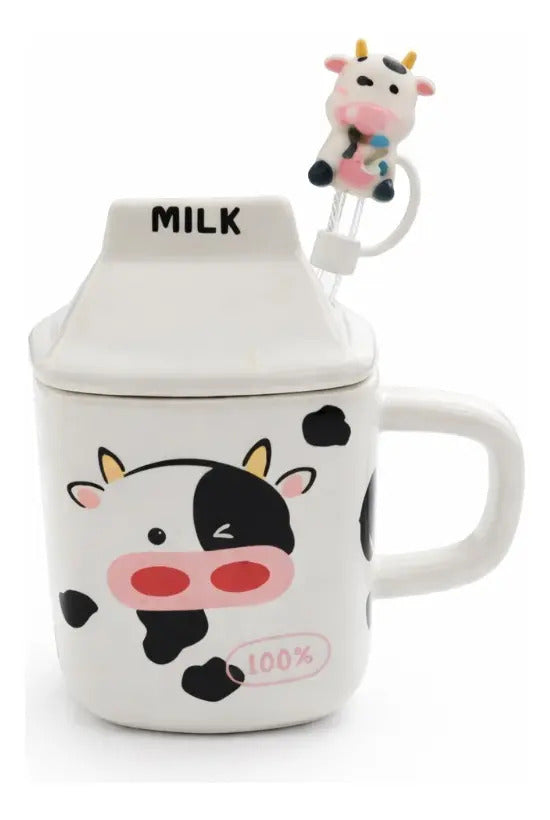 Taza Figura Caja De Leche Con Vaca Con Tapa Y Popote 330ml