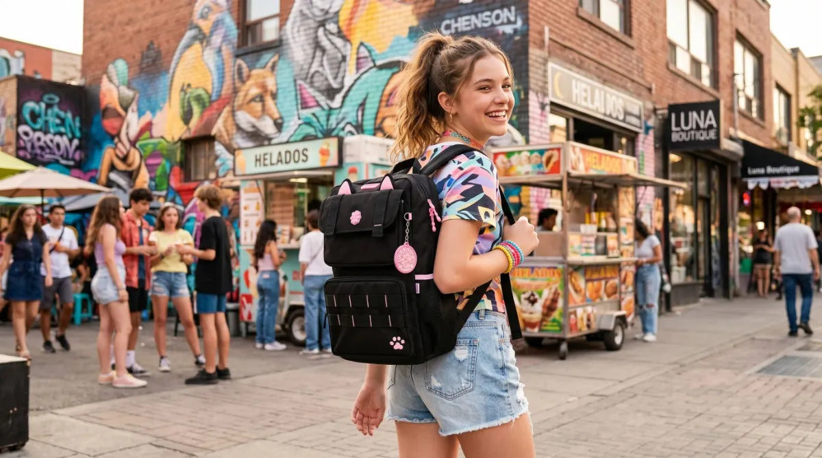 Mochila Escolar Chenson Happy Girl Negra Con Detalles Rosa