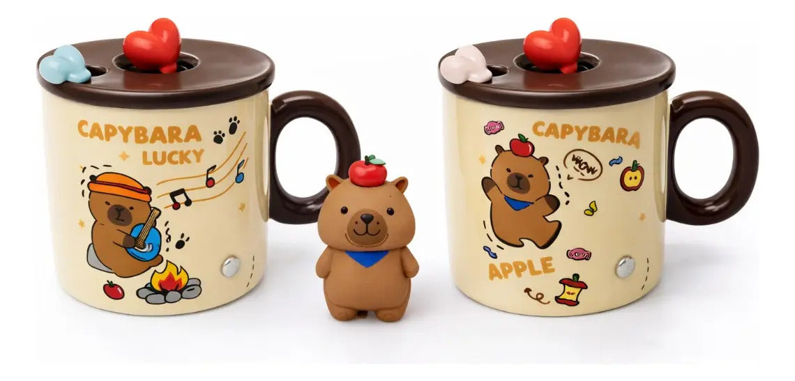 Taza Capibara Lluvia Con Tapa Y Figura Decorativa 360 Ml