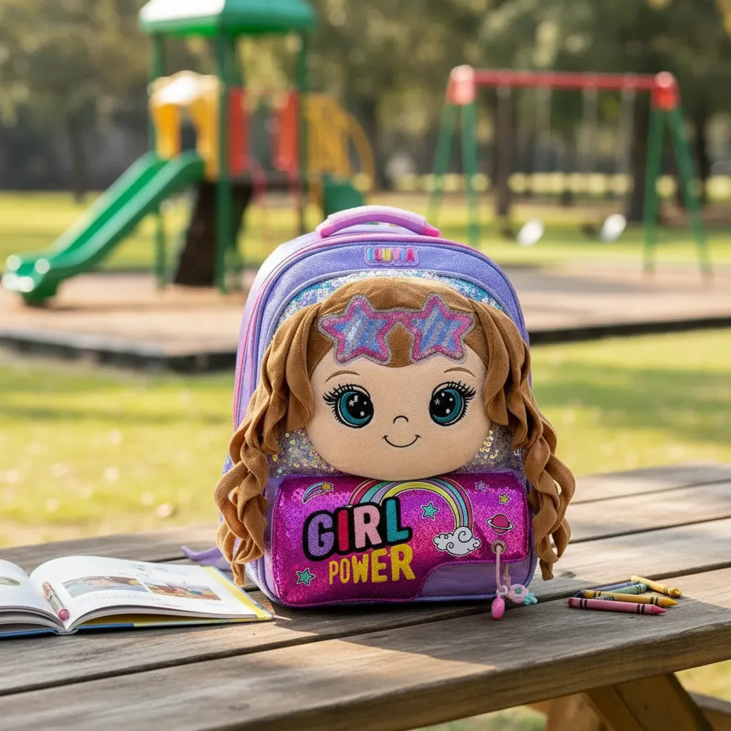 Mochila Lluvia Girl Power Con Muñeca Y Lentejuela Reversible