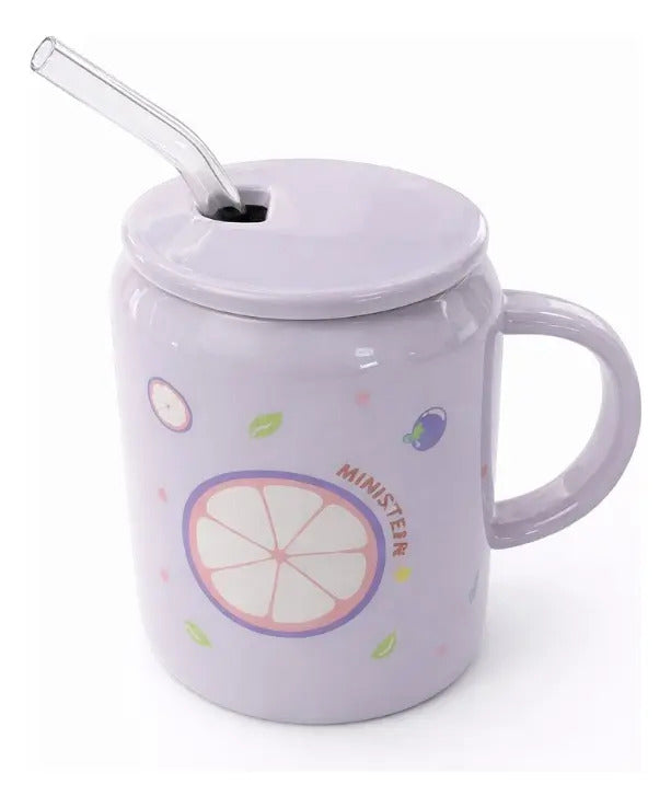 Taza Frutal Con Tapa Y Popote De Cristal 400 Ml