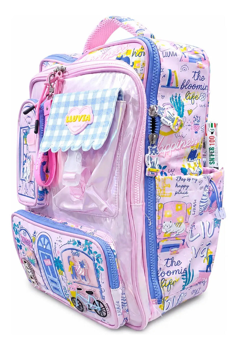 Mochila Escolar Lluvia Rosa Personalizable Con Gatito