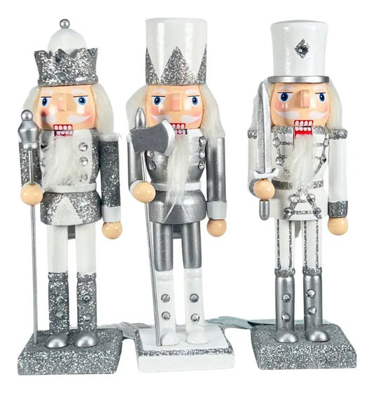Cascanueces De Madera Mediano 3 Piezas Plata Y Blanco Gliter
