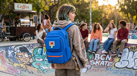Mochila Escolar Lluvia Azul Con Detalles Naranja Repelente