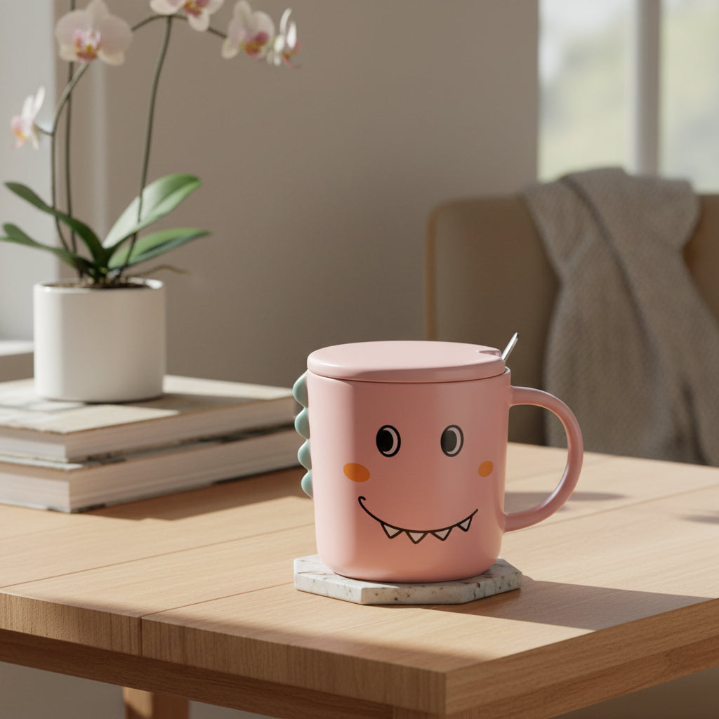 Taza Kawaii Dinosaurio Colores Rosa Verde Y Amarillo 350 Ml