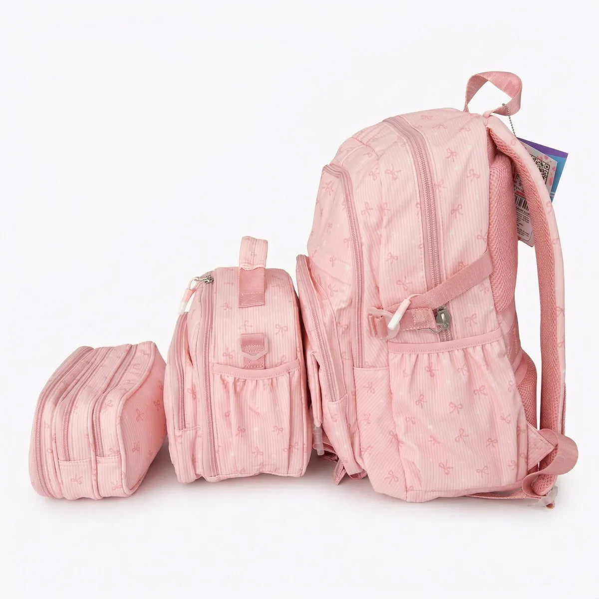 Set Escolar 3 Piezas Rosa Diseño Moños Mochila Comple