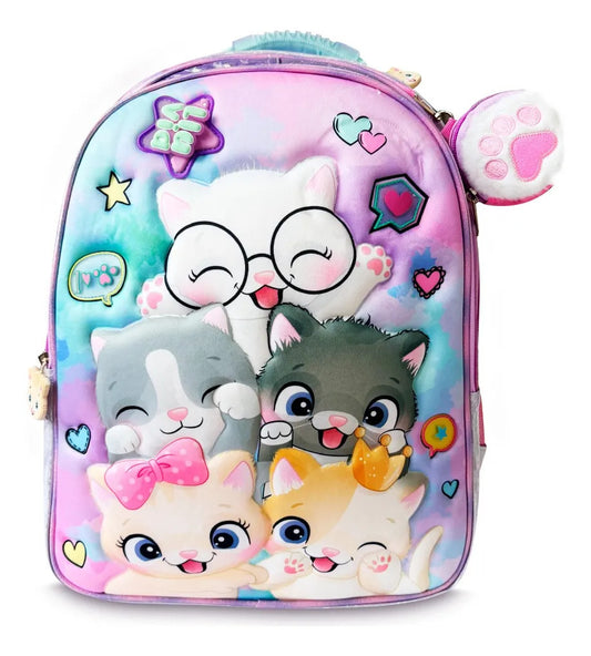 Mochila Escolar Lluvia Multicolor Gatitos con Spinner