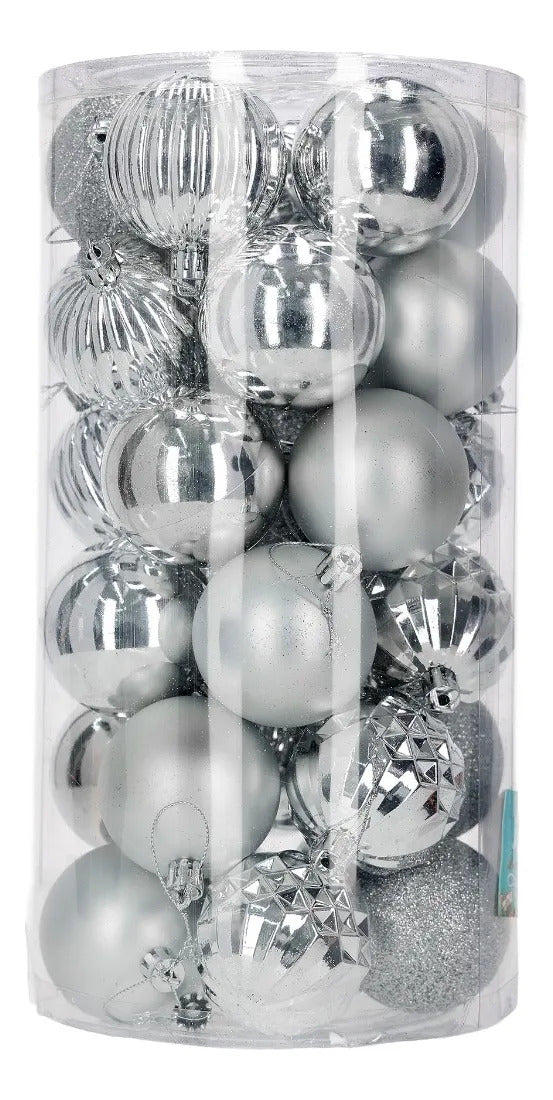 Set Esferas Navideñas Lluvia 30 Piezas Plata Relieve 6 Cm